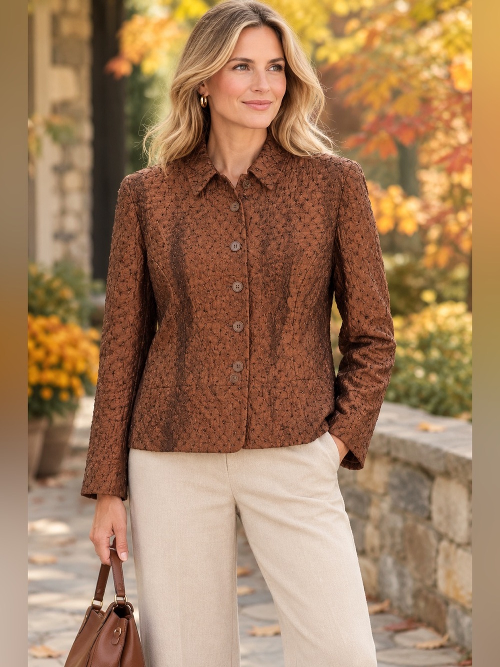 Coldwater Creek Textured Button Front Straight Collar Jacket in Copper Brown